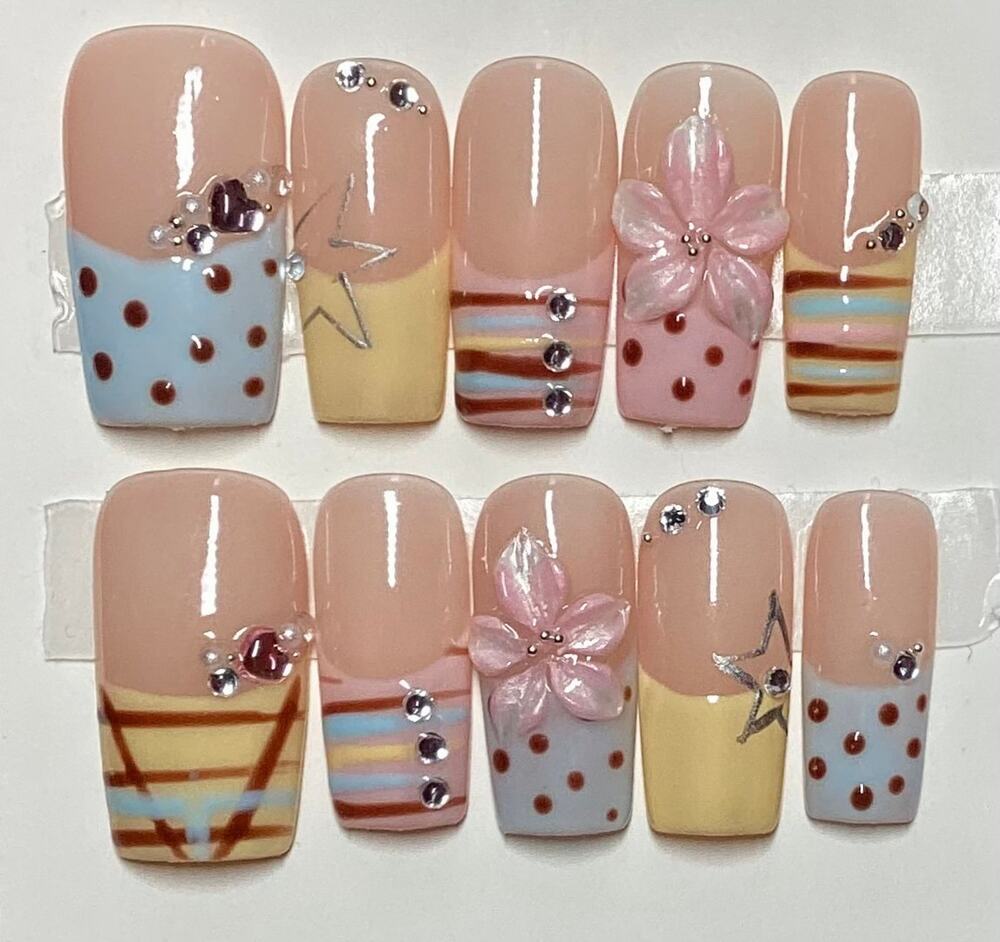 Y2K Pastels 3D Flower Mixed French Tip Square Handmade Press-On Nails Large